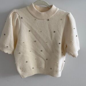 English Factory Cream Turtleneck Sweater with Pearl Details